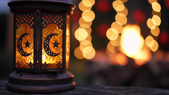 Close-up of a traditional Islamic lantern with intricate patterns and crescent moon and star motif