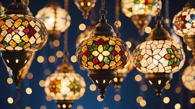 Exotic hanging Moroccan lanterns with stained glass mosaic patterns and warm glowing bokeh lights