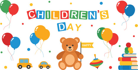 Vibrant Children's Day celebration with teddy bear and balloons