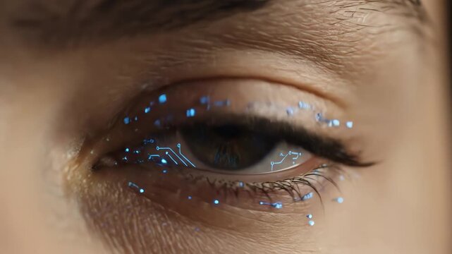 Close Up of a Brown Eye with Digital Circuitry Overlay and Blue Glitter Effect with a Macro Lens and Focused Depth