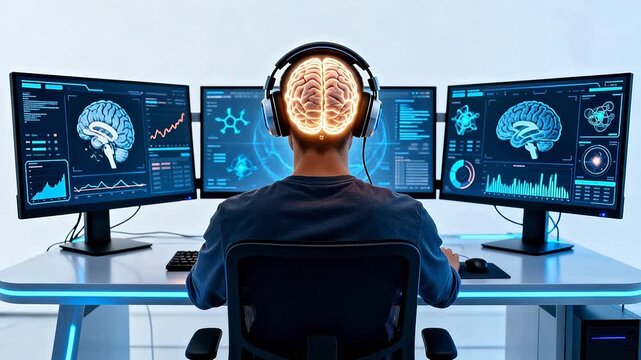 Person with glowing brain using multiple computer monitors