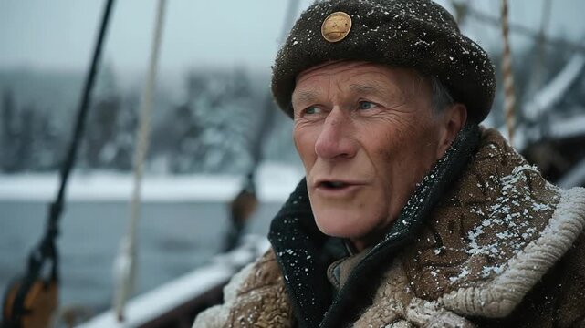 Experienced ship captain stands on vessel deck in winter ocean cold dramatic atmosphere