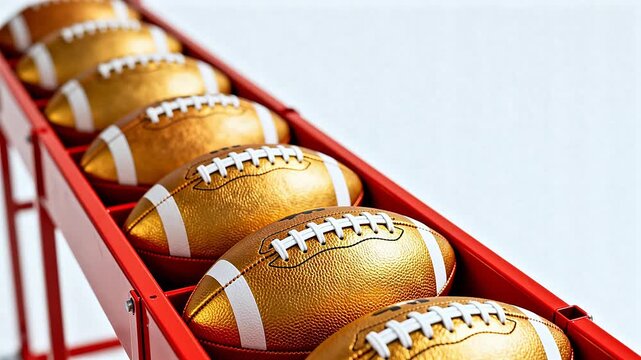 Golden footballs on red conveyor