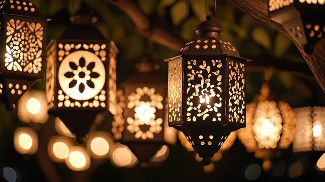 Glowing Traditional Moroccan Lanterns Decorate a Tree Branch at Dusk with Soft Bokeh Lights in