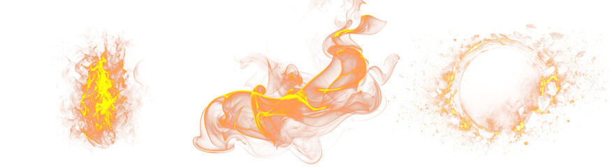 Fototapeta premium Fire and flame effect collection. Includes a single flame, abstract fire swirl, and sparkling fire ring. Created in realistic style with orange and yellow palette. isolated PNG with Transparent
