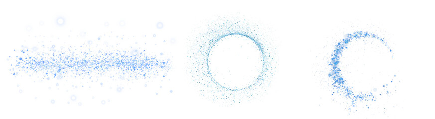 Three light blue particle effect elements. Includes a horizontal line, a thin ring, and a thick ring. Created in a scattered particle style with a light blue color palette. isolated PNG with © TASNIMULHASSAN
