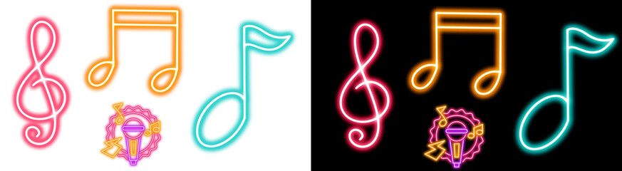 Glowing multi-colored neon music notes and microphone icons set isolated on a transparent background © TASNIMULHASSAN