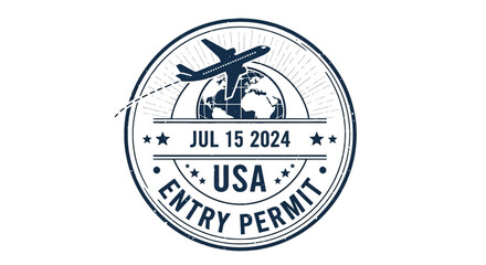 Airplane Flying Over Globe with Entry Permit Stamp for USA on July 15, 2024