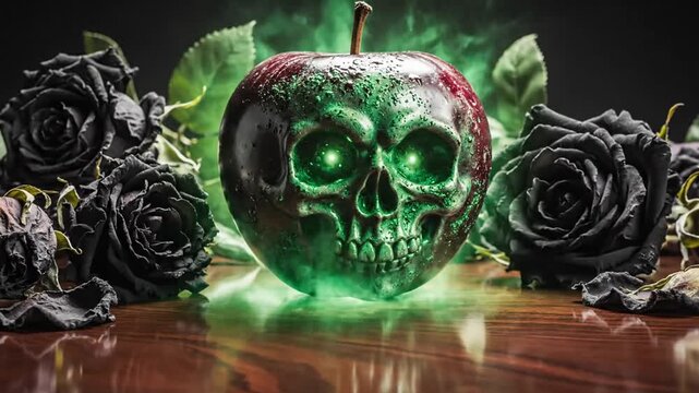 skull apple with black roses on a wooden table
