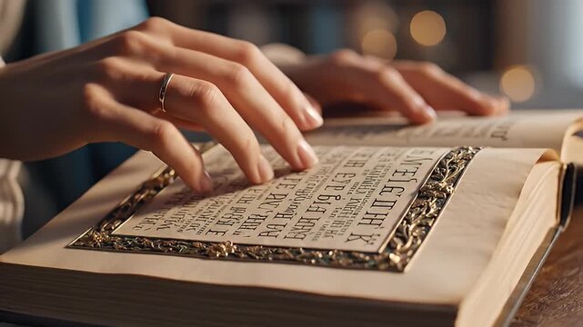 Gentle Hands Reading an Ancient, Ornate Open Book with Golden Decorative Border and Blurred