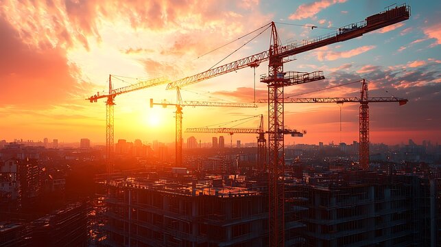 Engineering construction project with cranes under cloudy sunset image