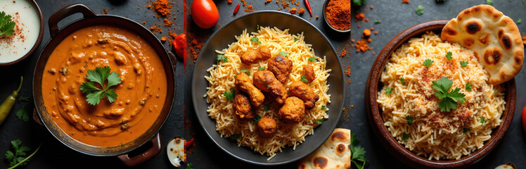 Indian food dishes biryani butter chicken naan served with rice and yogurt. Spices and herbs arranged on table top view. Delicious ethnic cuisine.