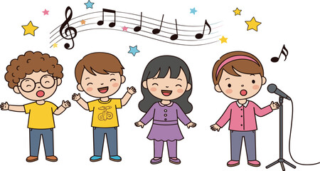 Cute Kids Singing Cartoon Vector Illustration with Happy Children Choir and Microphone Music Performance Scene