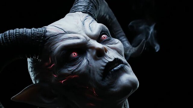 Dramatic Horned Creature with Glowing Red Eyes and Pale Skin Against Black Backdrop with Dark Shadows