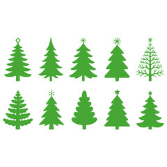 Variety of green Christmas trees with ornaments and decorations