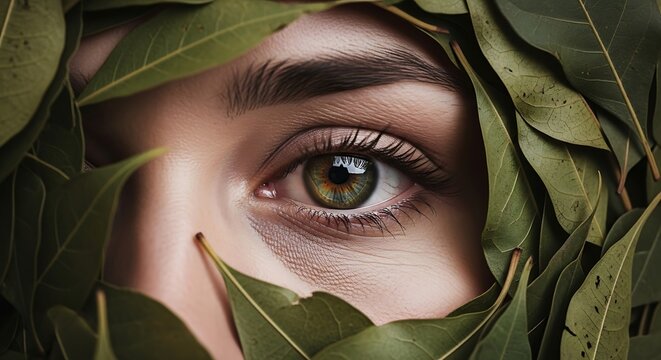 Human eye peeking through a dense border of dark green foliage