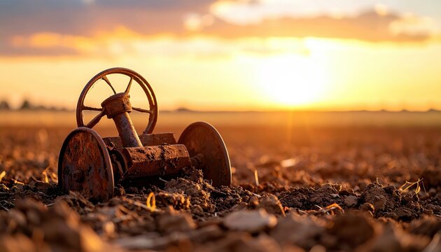 A FlyPro Firefly image of a rusty, abandoned farm implement half-buried in dry soil, captured in photorealistic DSLR style under warm, fading sunlight, depicting a neglected field.
