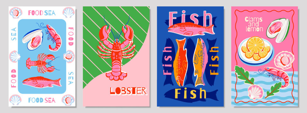Seafood poster collection with fish, lobster, shrimp and shell in bright vintage style. Decorative illustration with bold colors for restaurant, menu, print and food design.