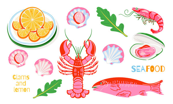 Seafood object set with fish, lobster, shrimp, clam and lemon in bright vintage style. Decorative illustration isolated for menu, packaging and food design.