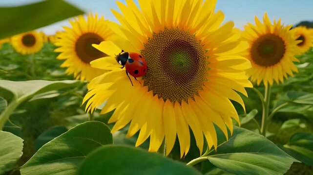 Vibrant Sunflower Field with Ladybug Macro, Summer Nature Background