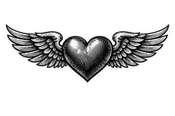 Obraz premium Captivating vintage engraved winged heart illustration in classic black and white woodcut style. Iconic symbol of profound love, divine freedom, spiritual aspiration. Ideal for tattoo art, retro desig