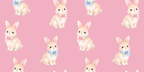 Obraz premium Watercolor bunny rabbit pattern pink background pastel bows seamless illustration for Easter design