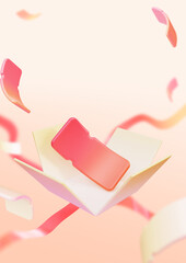 3D illustration of an opening gift box with a floating discount coupon and copy space