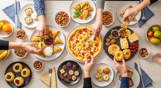 Overhead view of a diverse group of people enjoying a plentiful Iftar meal with pizza, pastries, fruits, and snacks on a table.