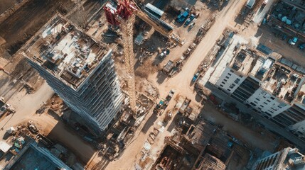 Aerial view of construction site with buildings under development and road