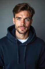 Obraz premium Young man with blue eyes and beard wears dark hoodie in studio. Casual portrait captures confident male face looking forward against gray background. Youthful person, stylish guy, relatable.