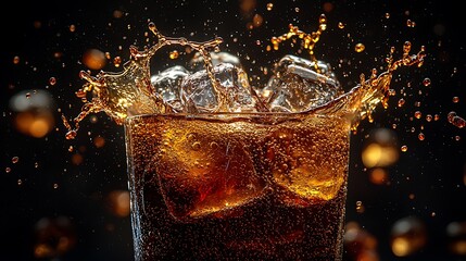 Fizzy soft drink with ice cubes action splash image