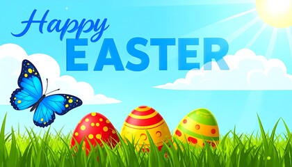 Colorful Easter eggs on green grass with blue butterfly under sunny sky and fluffy clouds