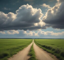 Lonely road disappearing into spring horizon, fresh grass fields, dramatic clouds, peaceful mood, minimalism, high resolution landscape