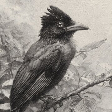 Umbrellabird exotic rainforest bird on branch detailed sketch photo