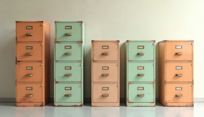 Vintage pastel metal filing cabinets in orange and mint green are stacked. These retro furniture pieces have drawers with metal handles and show slight wear.