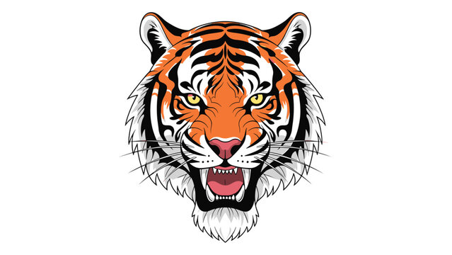 Powerful tiger head illustration showing an aggressive roar with bared teeth and intense eyes on a plain white background.