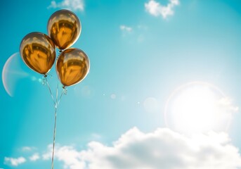 Fototapeta premium Golden balloons floating in bright blue sky with sun flare