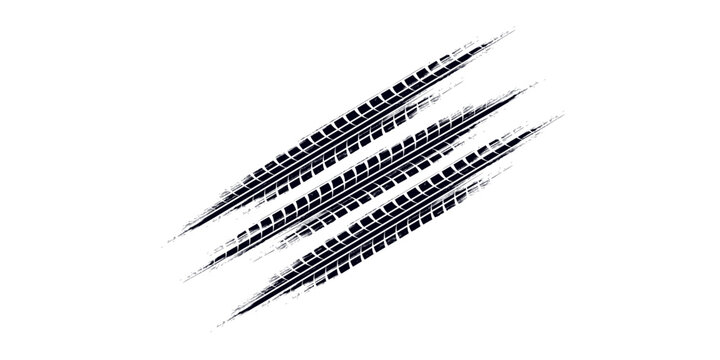 Tire track. Car, bike, motorcycle tyre mark with grunge effect isolated on white background. Wheel footprint on the road. Top view of rubber protector mark