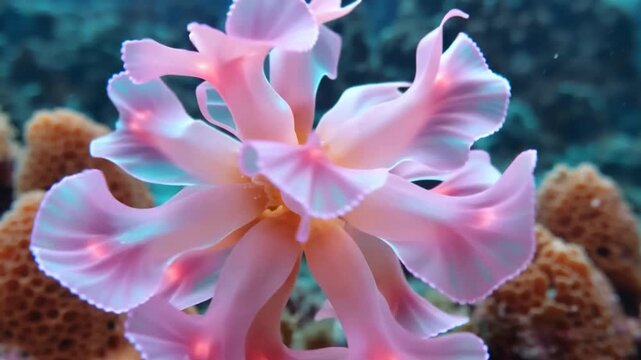 Close up of a pink flower anemone in tropical waters with light reflection,nature scene