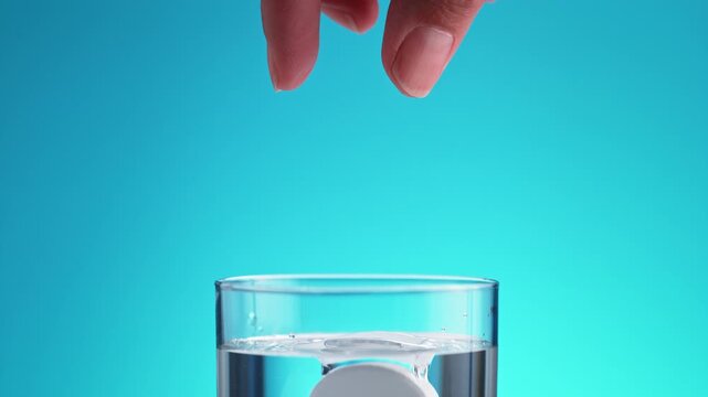 Aspirin Tablet Is Released From Fingers And Falls Into A Glass Of Pure Water in Slow Motion on the Blue Background