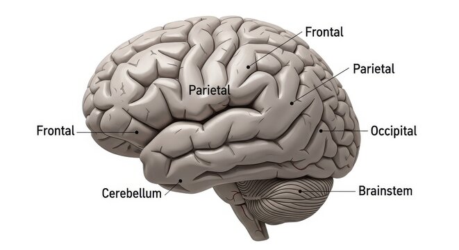Detailed human brain illustration labeled with frontal, parietal, occipital lobes, cerebellum and brainstem for neuroscience education and medical study

