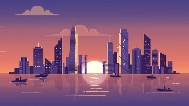 Stylized cityscape at sunset with tall buildings reflected in water and boats on the horizon.