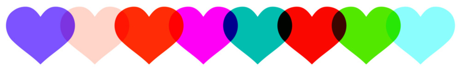 Vibrant Row of Colorful Overlapping Hearts in Rainbow Spectrum for Valentine's Day, Wedding Decorations, and Creative Love Concept Graphic Designs.