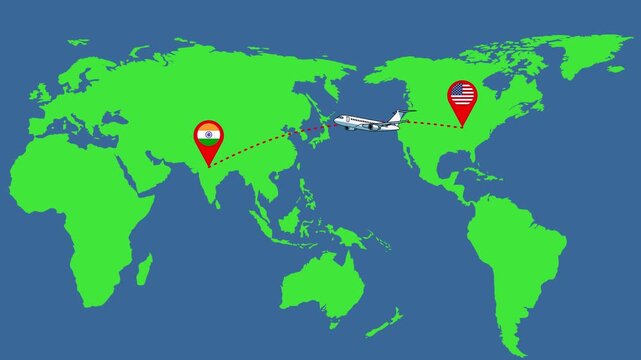 World map showing an airplane flying between India and the United States, symbolizing international travel and migration.