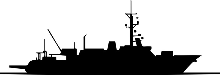 A black silhouette of a naval ship on a white background, a minimalist vector graphic design © Spacler