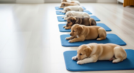 Puppies resting on blue mats indoors in a playful environment  