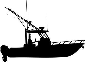 A black silhouette of a fishing boat on a white background