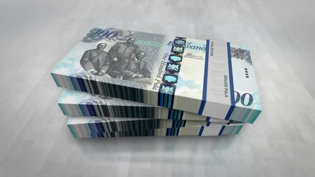 Botswana pula Botswanan money pile pack. Concept background of economy, banking, business, crisis, recession, debt and finance. 100 BWP banknotes stacks 3d.