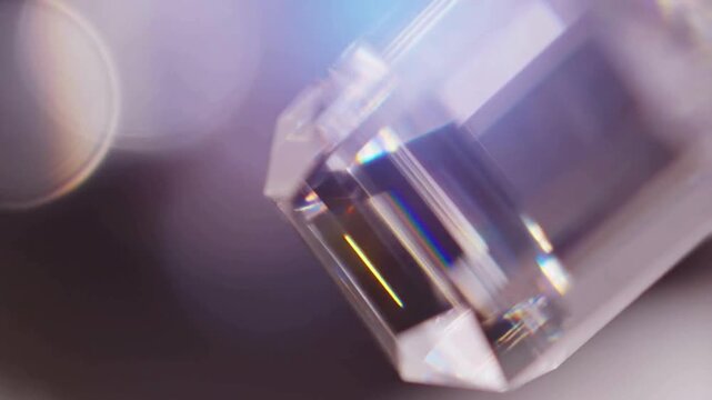 Crystal prism refracting light into rainbow, macro detail, slow motion, colorful reflections, luxury aesthetic