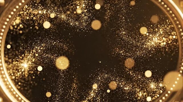 Elegant Golden Ornate Mirror Frame with Sparkling Light Particles and Bokeh Effect on a Warm